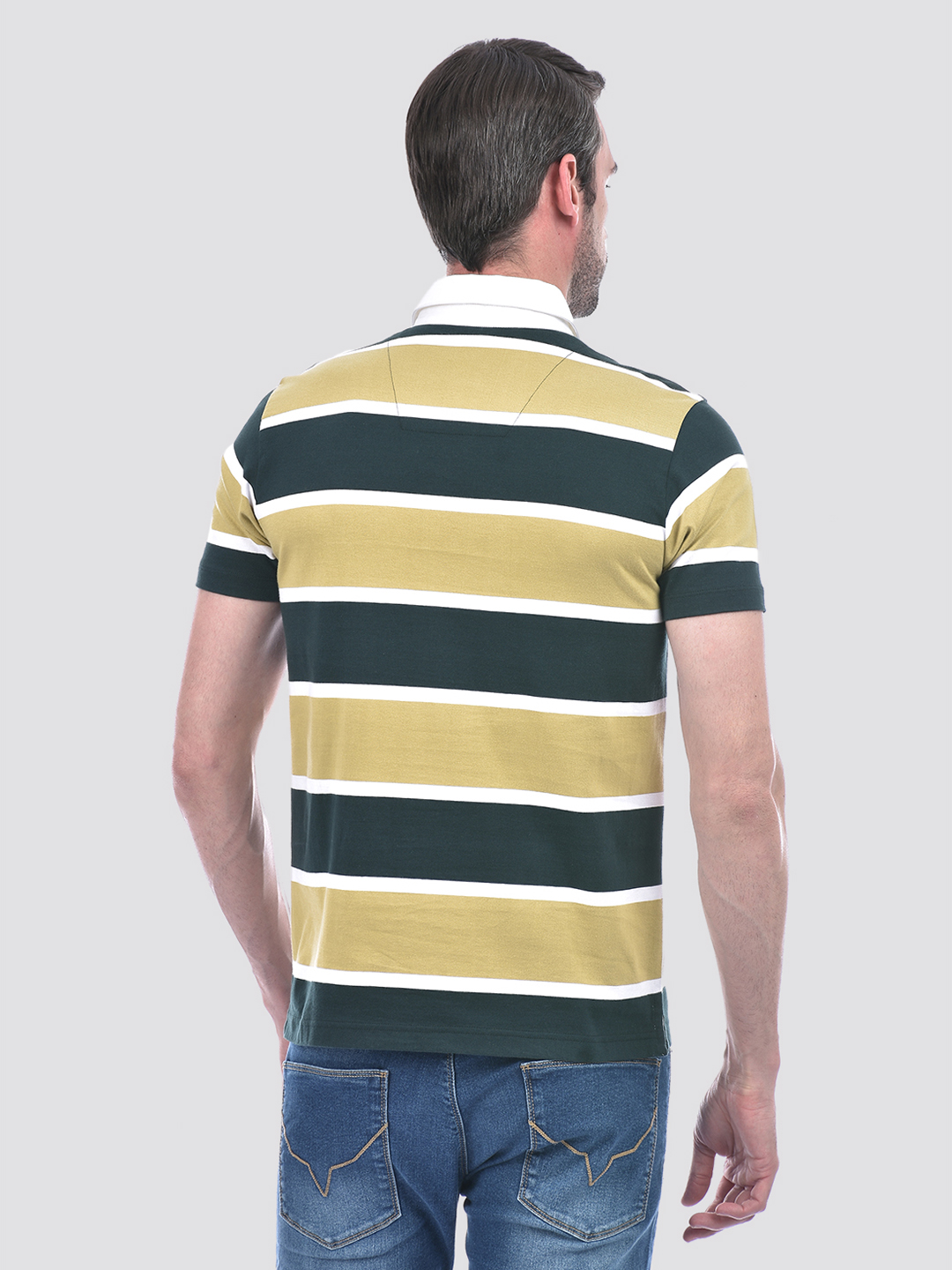 Numero Uno Men Olive And White Striped Polo T-Shirt